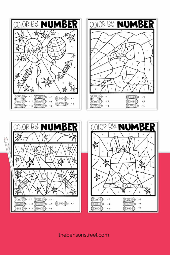 Four different 4th of July coloring pages with a color key
