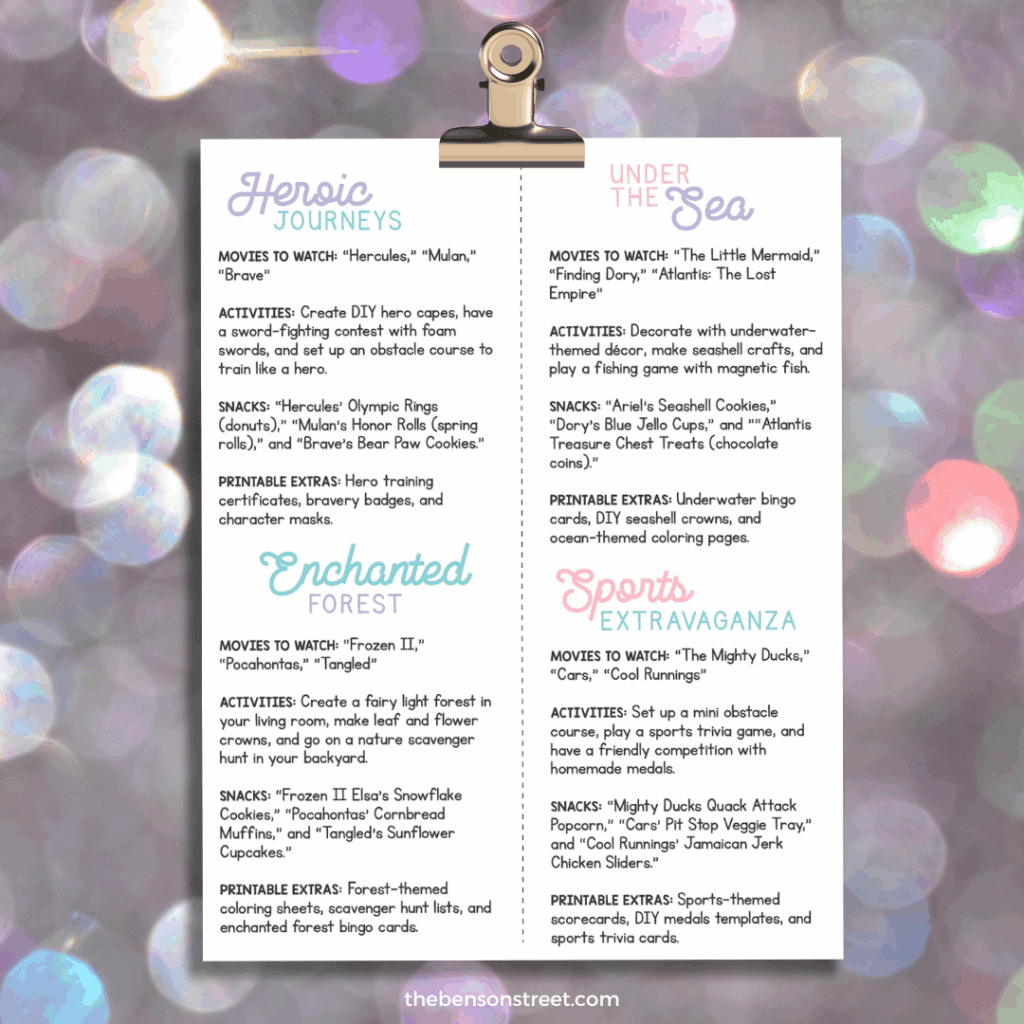 Four different themed disney movie nights on a paper on a clipboard