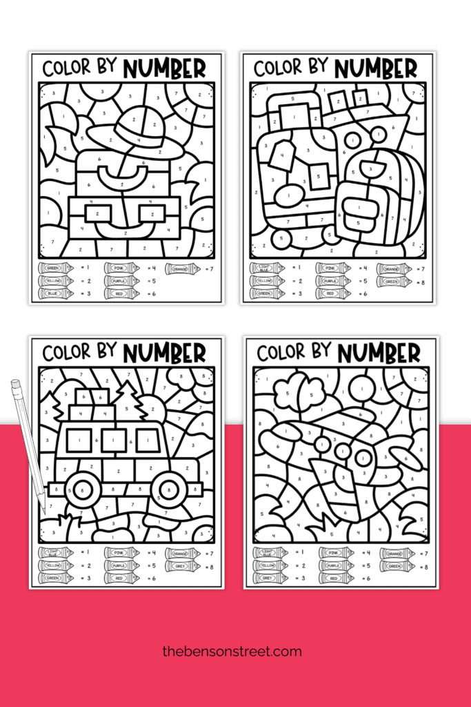 Four different vacation themed color by number pages to color in