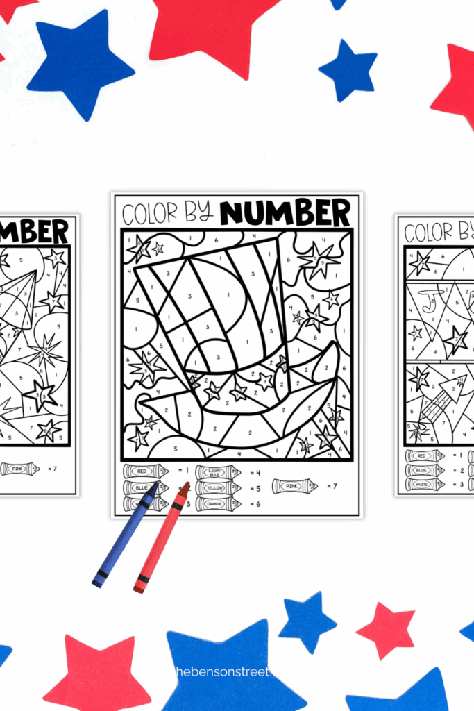 Fourth of July Hat Color by Number Page with crayons laying on top