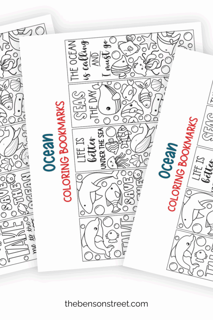 Free PDF File of Black and White Ocean coloring bookmarks printed out and fanned out