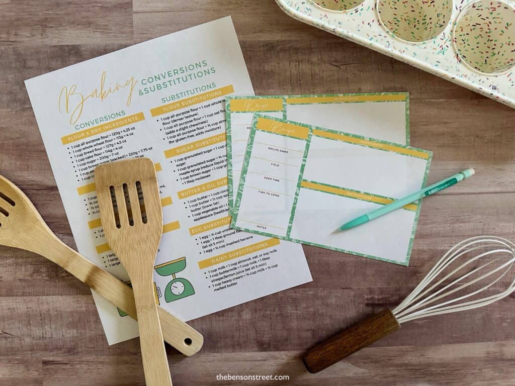 Free Printable Baking conversions and recipe cards with kitchen supplies and a pencils
