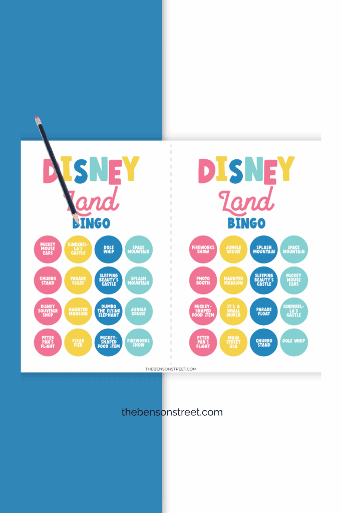 Free Printable Disneyland Bingo Pages to take to the park for a fun activity to do throughout the day