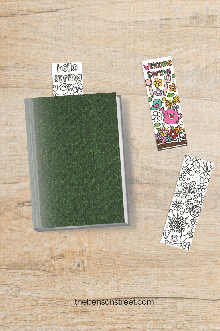 Free Printable coloring bookmarks cut out hello spring, welcome spring, and butterflies laying around a book with one sticking out of the book