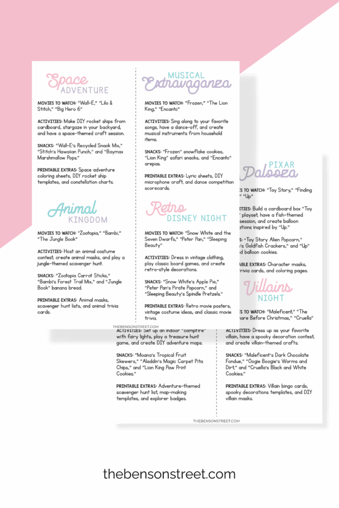 Free Printable ideas for different disney themed movie nights