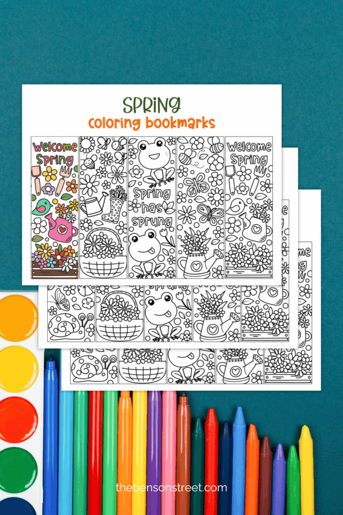 Free Spring Coloring Bookmarks with markers in the background