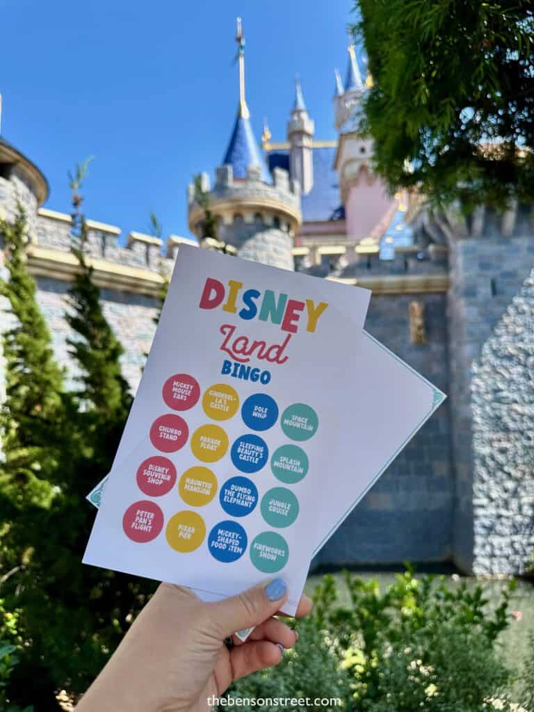 Free to print Disneyland bingo page with the Disneyland castle in the background