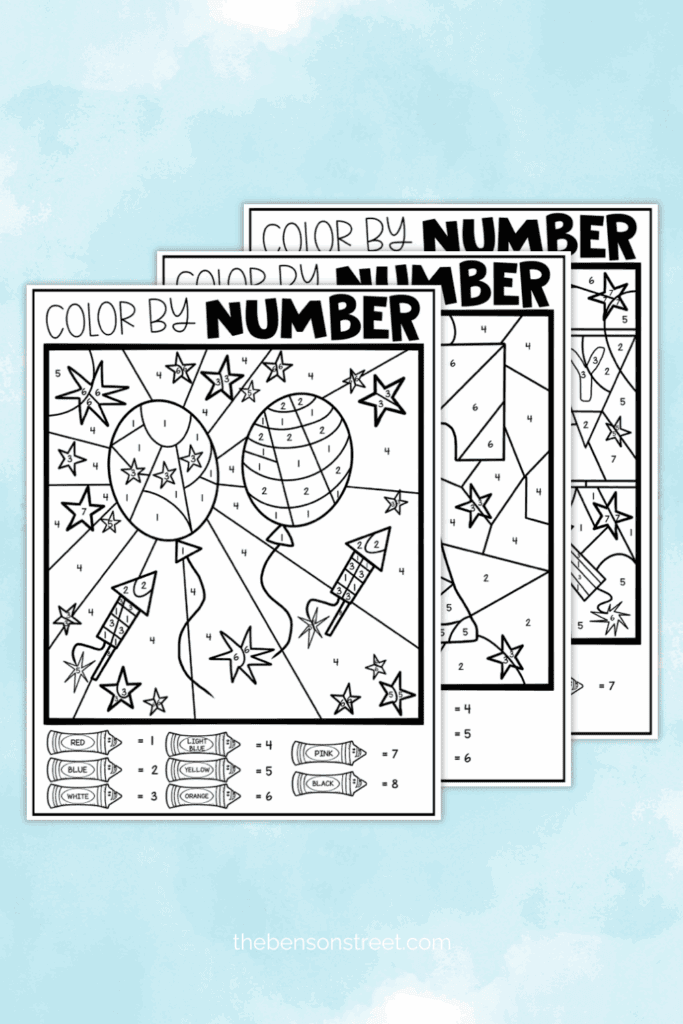 Free to print Fourth of July Color by number pages on a blue sky background