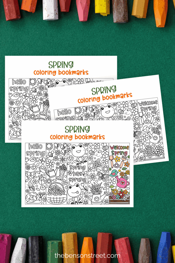 Free to print coloring bookmarks for spring on a green background with crayons on the background 