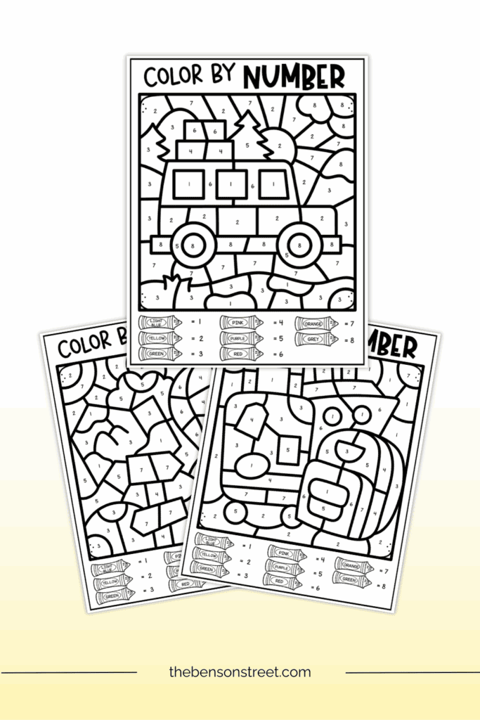 Free to print vacation themed color by number pages for road trips