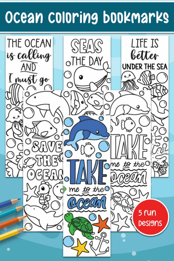 Flat lay of coloring bookmark designs with one colored in and pencils lying by the bookmarks