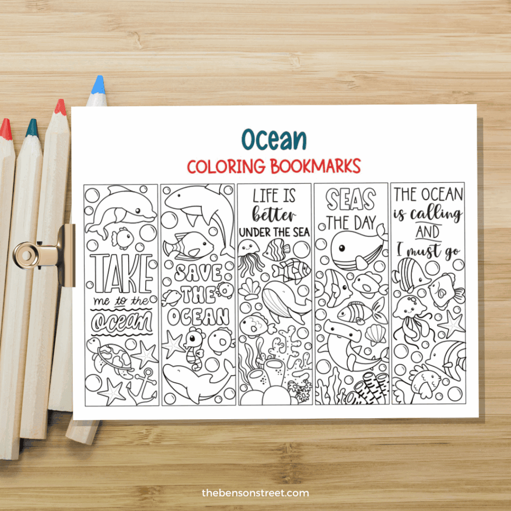 Ocean themed bookmarks to color on a clipboard with colored pencils