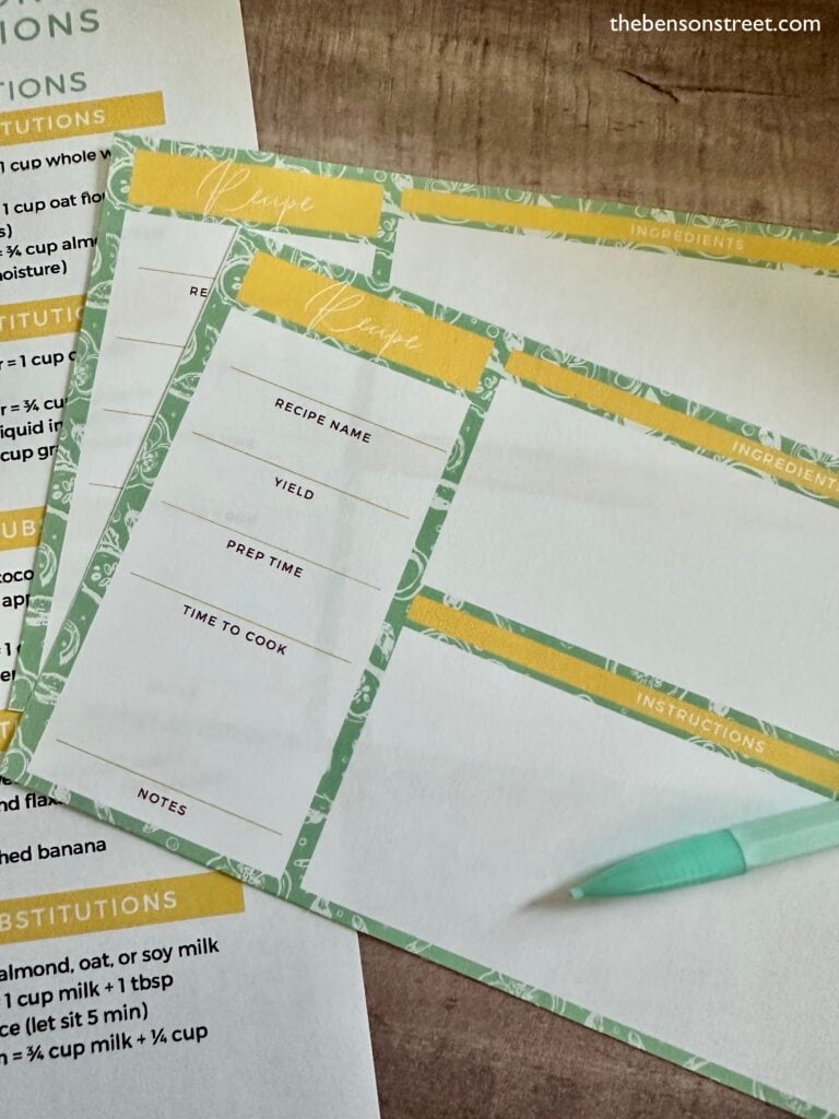 Overhead up close shot of printed out recipe cards