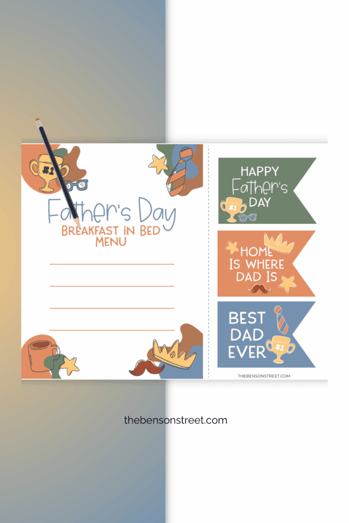 Printable Father's Day Breakfast in bed menu with tags to add to the breakfast sheet with a pencil laying on top