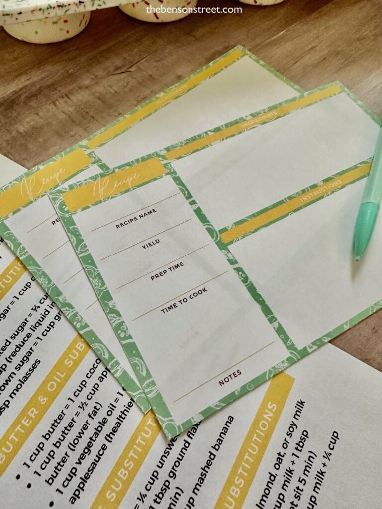 Printable recipe cards with a pencil ready to fill in