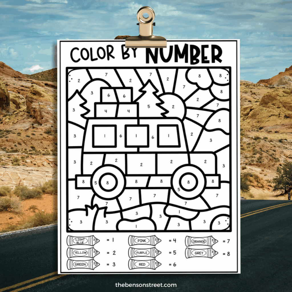 Road trip color by number car with bags on top free printable