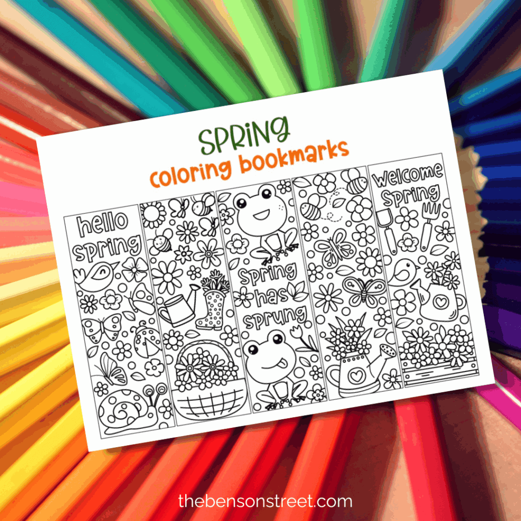 Set of five spring coloring bookmarks to customize with coloring pencils in the background