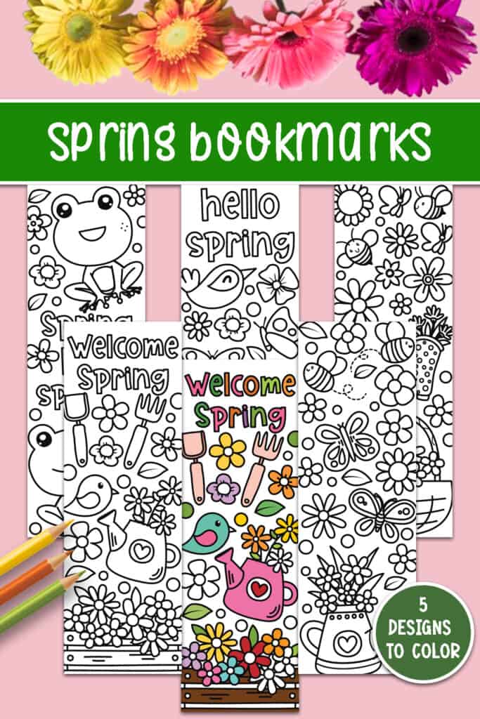5 Designs of Spring coloring bookmarks with one colored in