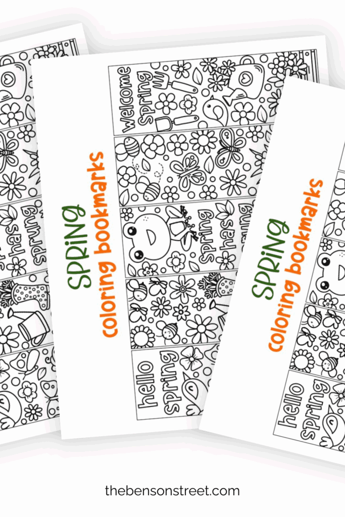 Spring Coloring Bookmarks sheets fanned out with three sheets
