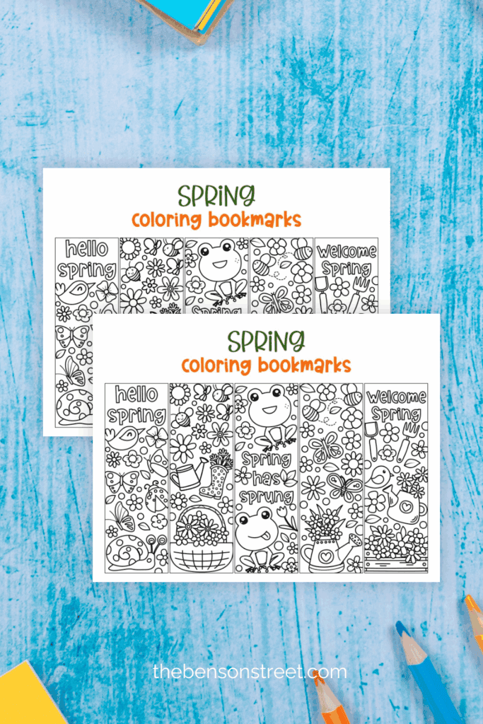 Spring Themed Coloring Bookmarks on a light blue background with colored pencils