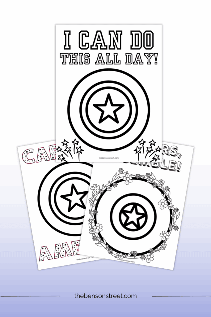 Stack of free printable coloring pages featuring Captain America