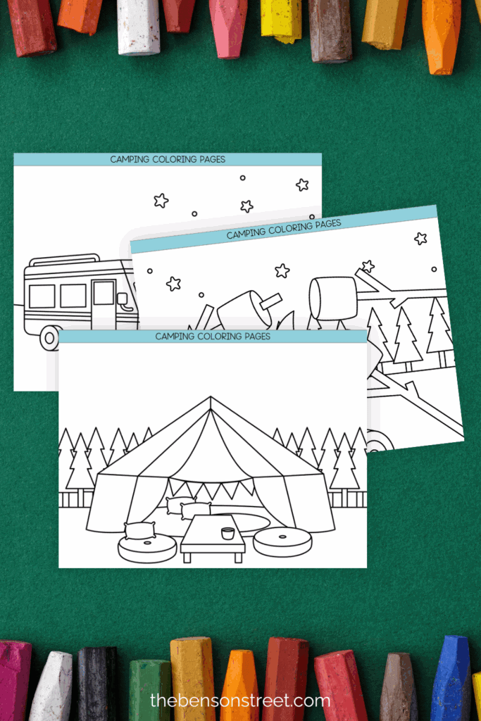 Three camping printable coloring pages with simple black and white coloring pages