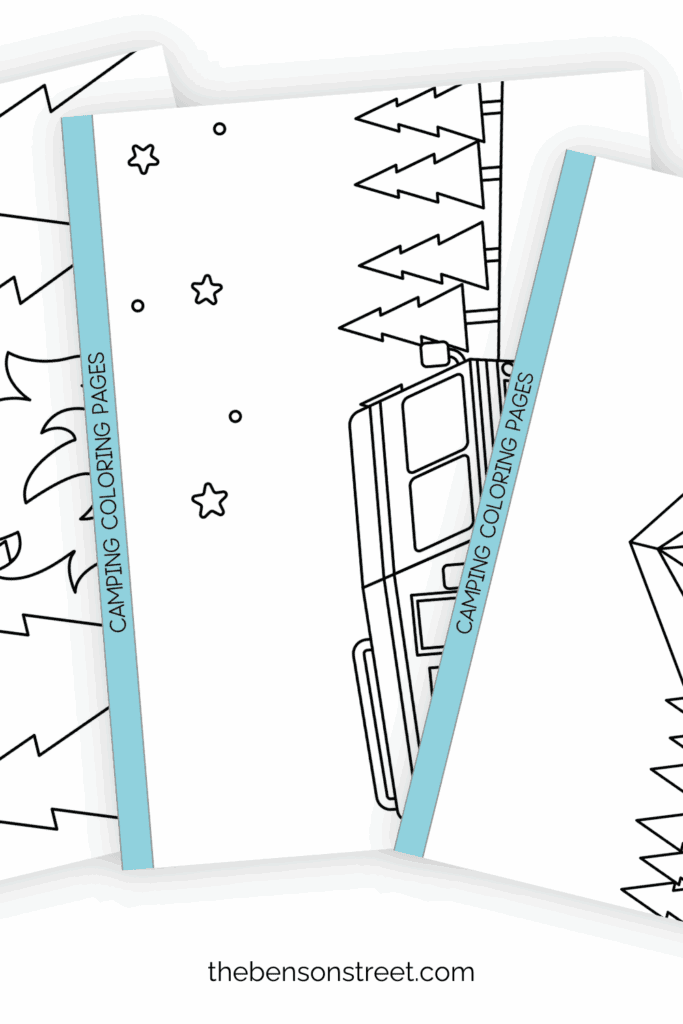 Three camping themed coloring pages fanned out on top of each other
