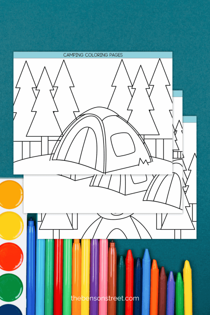 Three camping themed coloring pages stacked on top of each other with markers on the background behind it