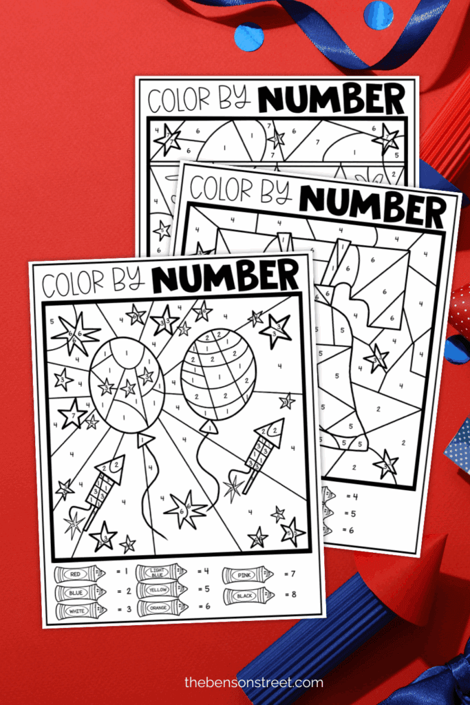Three different Color by Number pages for 4th of July for kids