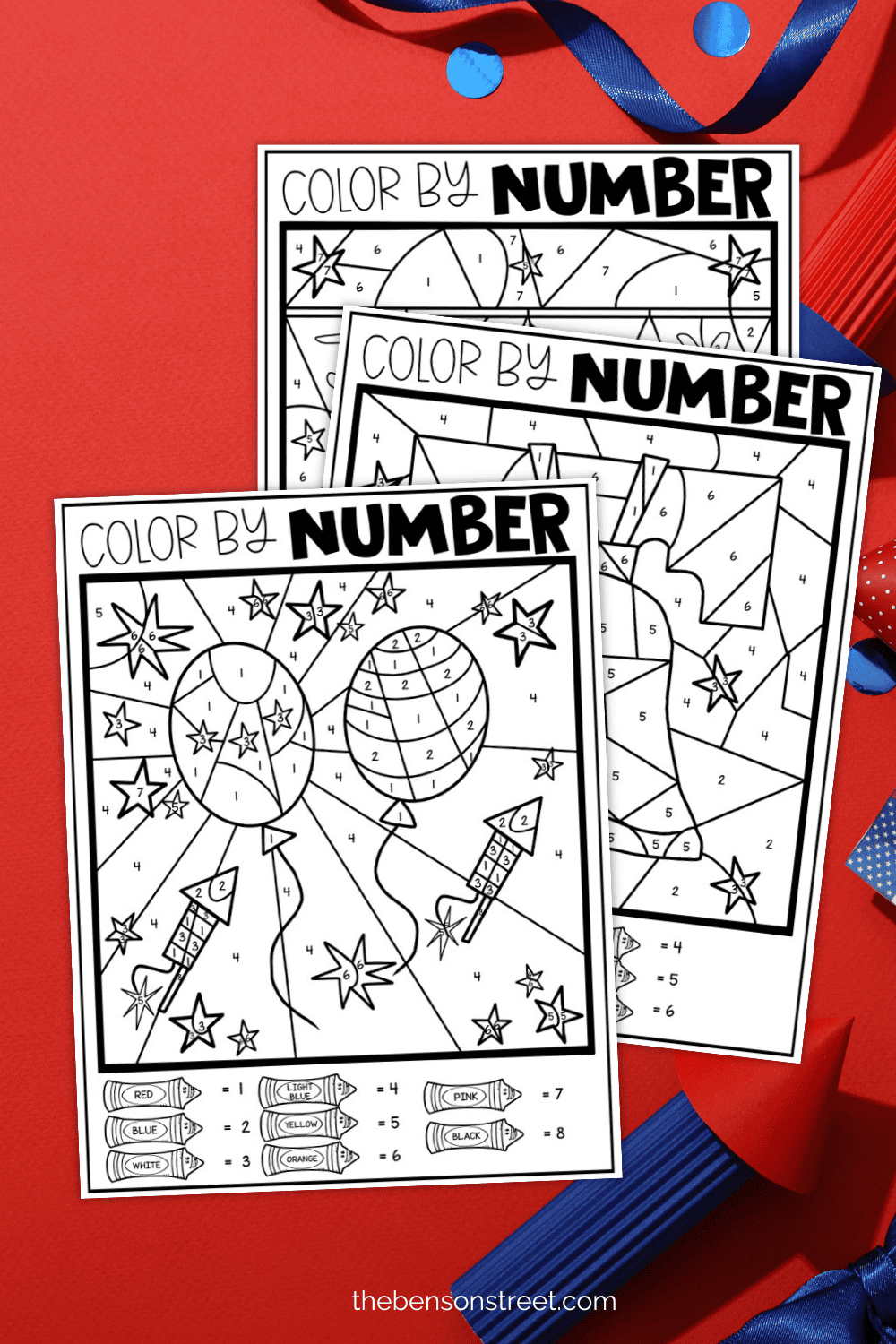 Three different Color by Number pages for 4th of July for kids
