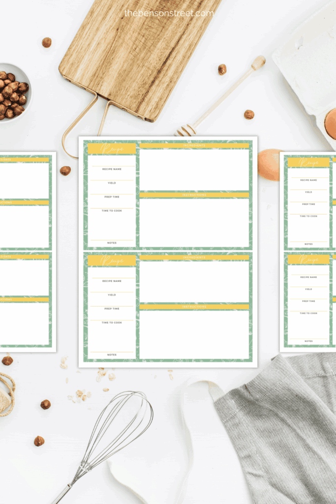 Three example pages on a kitchen flat lay of different kitchen tools