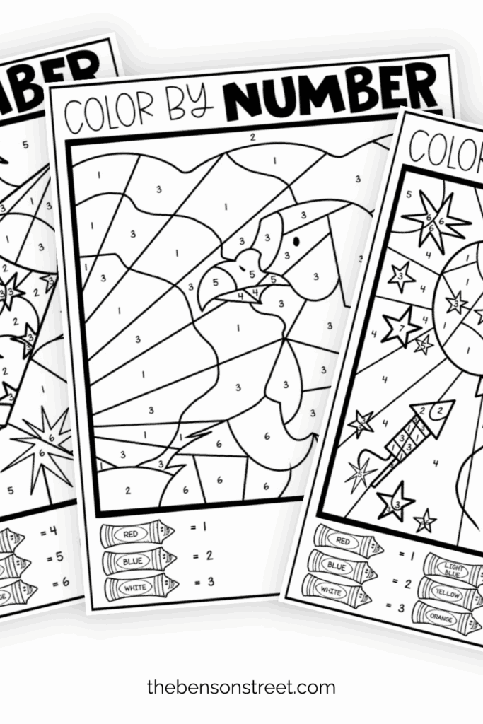 Three free printable 4th of July color by number pages fanned out