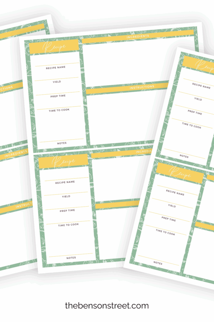 Three pages of printable recipe cards fanned out on a white background