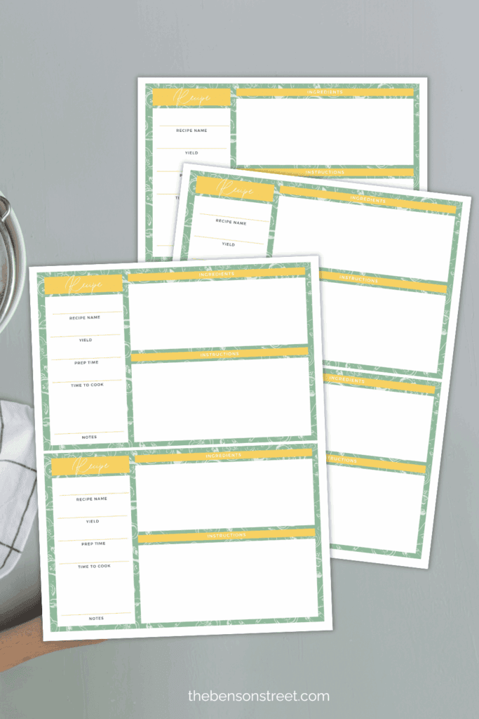 Three pages of printable recipe cards for printing off and filling in