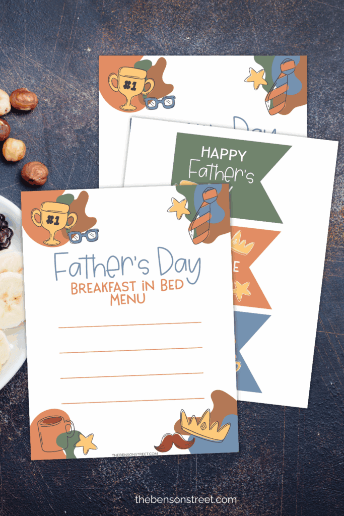 Three printed out sheets of breakfast in bed printables for father's day on a black background 