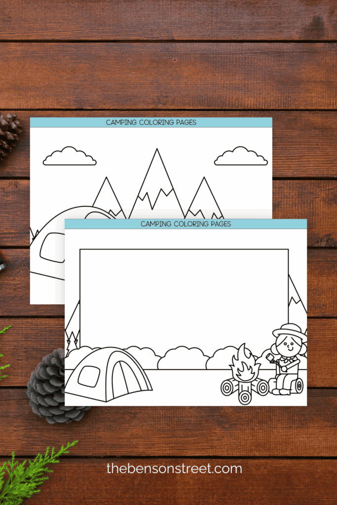 Two different camping coloring sheets with a wood background. Color in the images after printing for free