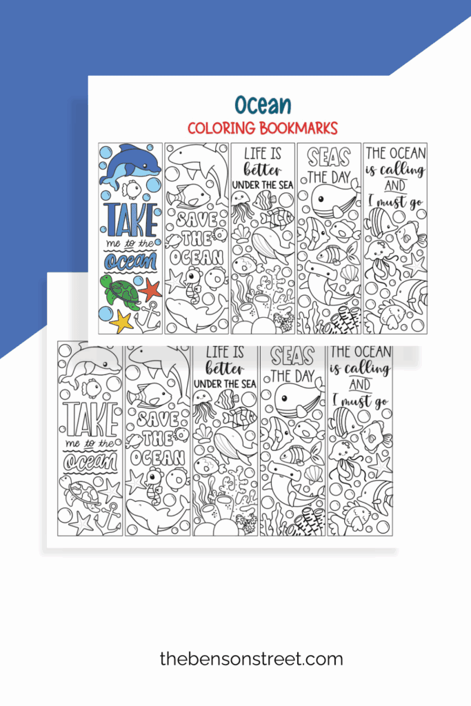 Two pages of printed out ocean coloring bookmarks with one colored in