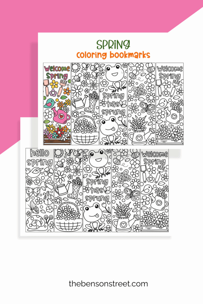 Two pages of spring coloring bookmarks with one colored