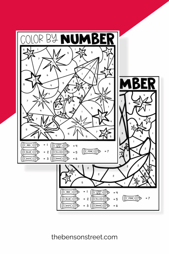 Two printable color by number pages for the fourth of july with a firework and uncle sam's hat