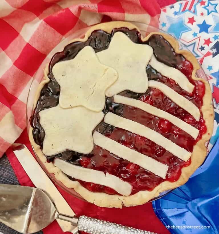 Up close of stars and stripes pie with two kinds of filling
