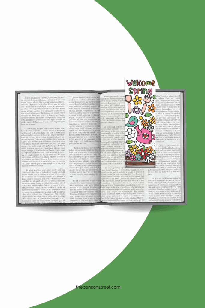 Welcome spring coloring bookmark laying on top of an open book freebie
