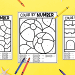 Free Printable Summer Color by Number Pages: 6 Beach Designs Yellow background with three color by number pages for summer with crayons laying around the page