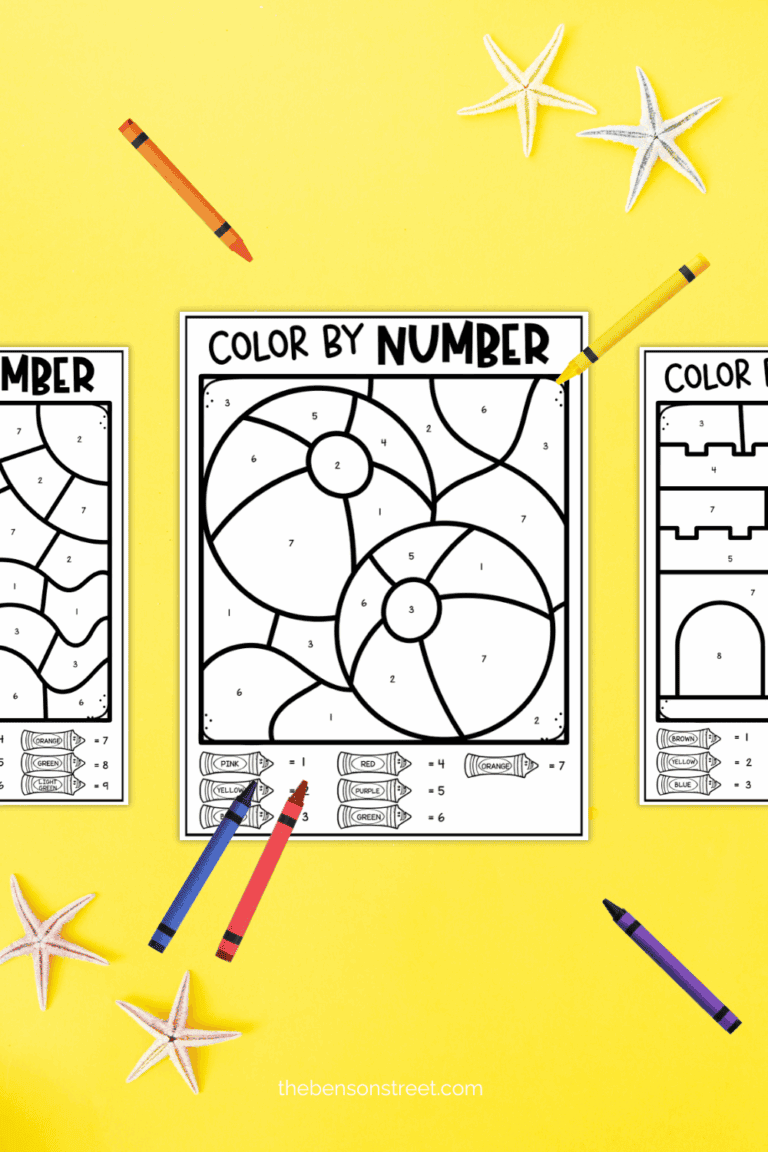 Yellow background with three color by number pages for summer with crayons laying around the page