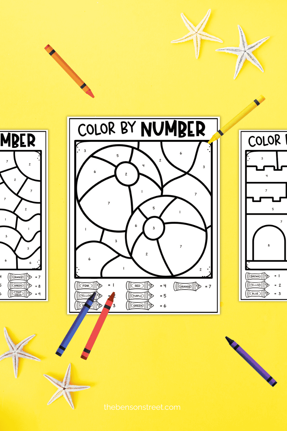 Yellow background with three color by number pages for summer with crayons laying around the page