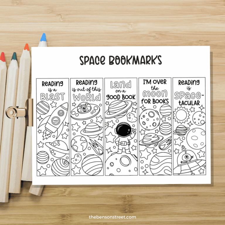 Bookmarks to color with a space themed