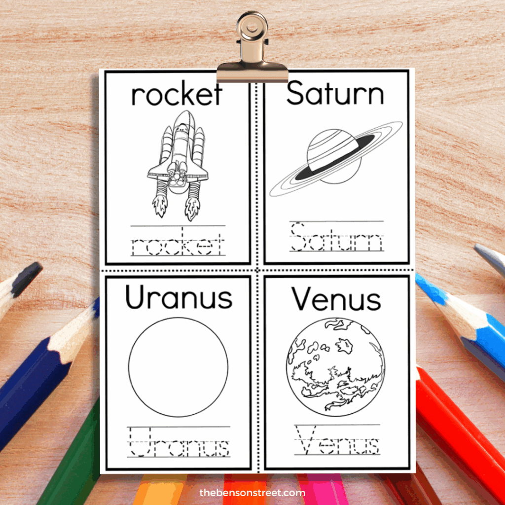 Clipboard with a page to make a little book about planets to color in