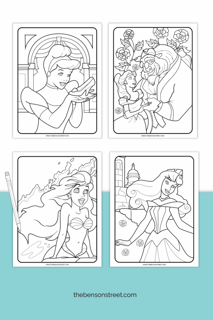 Four different princess inspired coloring sheets on a white and blue background with a pencil laying on top of one