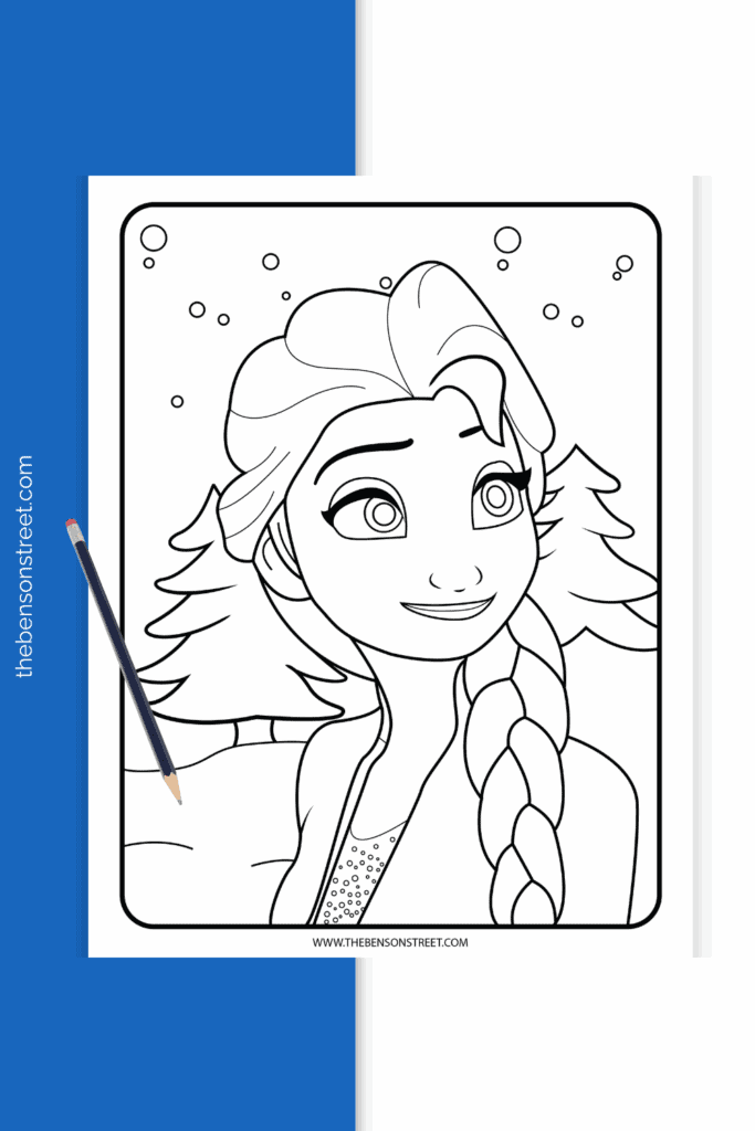 Free printable Elsa Coloring Page with a pencil laying on top