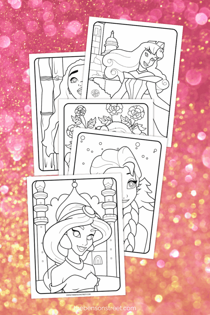 Glitter background with a flat lay of five different disney princess inspired coloring pages