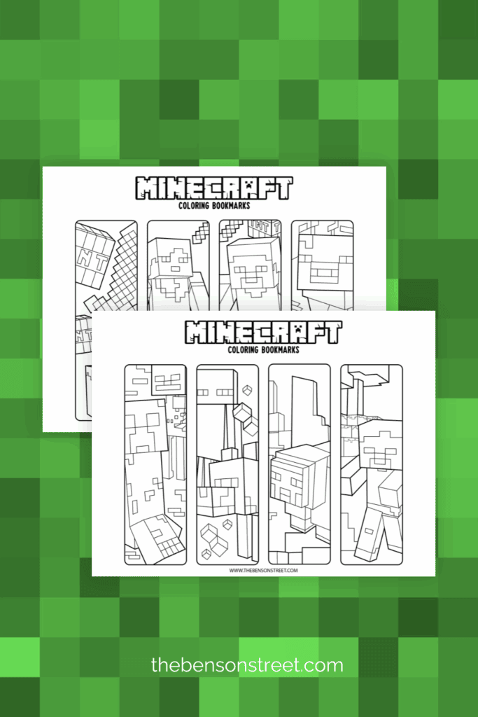 Minecraft coloring Bookmarks on a green pixel background
